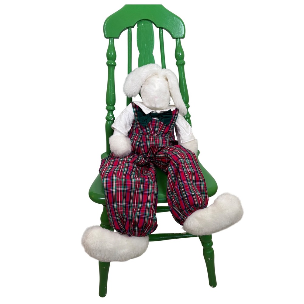 VTG Bunnies By The Bay Christmas Plush Boy Bunny Plaid Overalls Holiday 28"‎